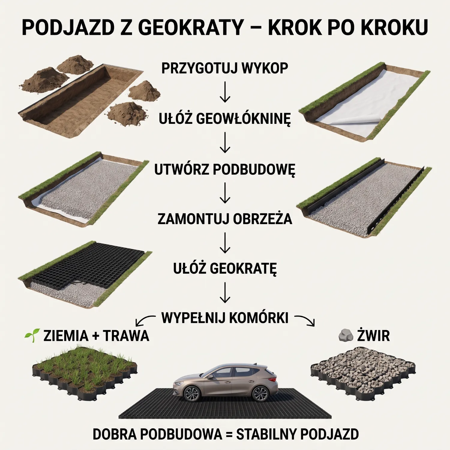 Przygotowanie podbudowy pod podjazd z geokraty za pomocą zagęszczarki płytowej.